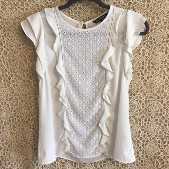 Embroidered Ruffled-Front Flutter Sleeve Blouse XS - Picture 3 of 16